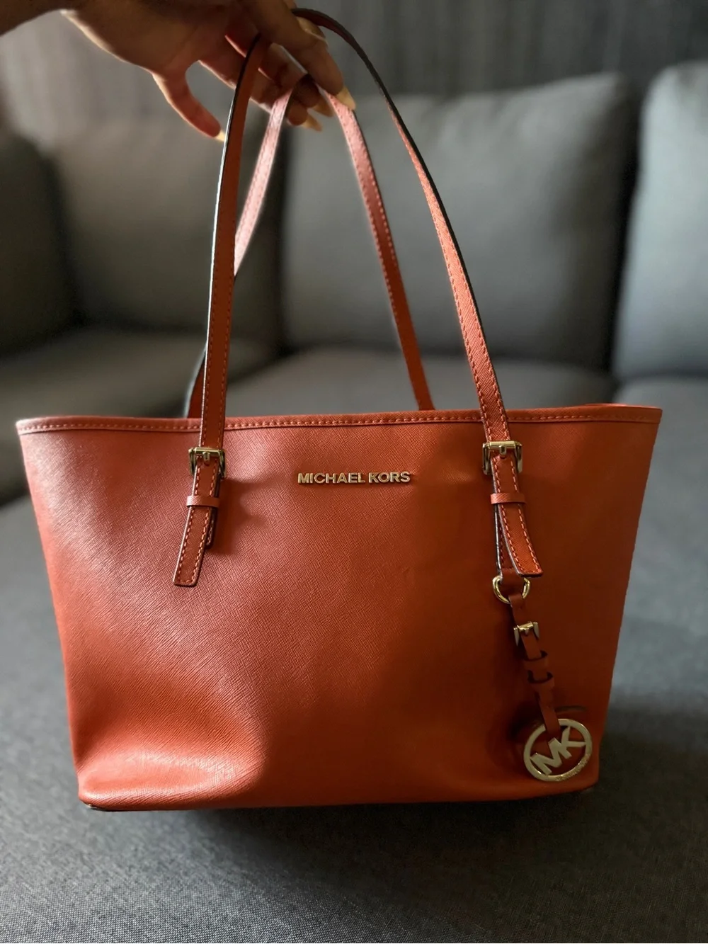 Michael Kors Orange Leather Tote with Gold MK Charm
